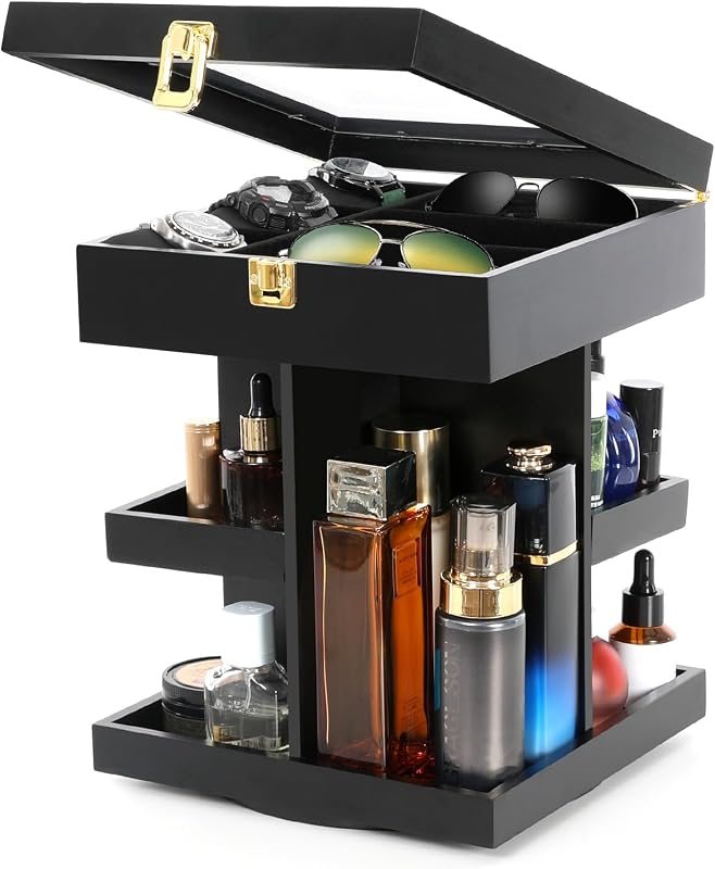Organizador giratório de madeira para colônias, perfumes e acessórios BittPicc, 3 compartimentos, preto
