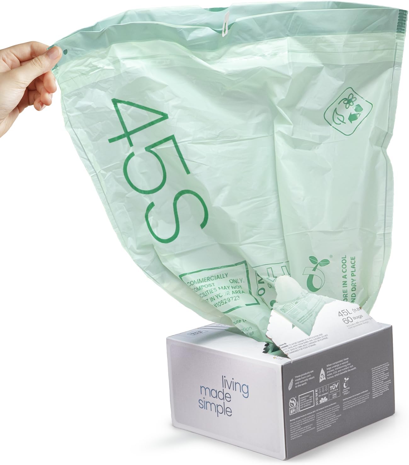 Home Zone Living 13 Gallon Compost Kitchen Trash Bags with Drawstring Handles, BPI-Certified Eco Friendly, Heavy Duty Custom Fit for 50L Recycling Trash Can Liner, Code 45S, 60 Count, Green