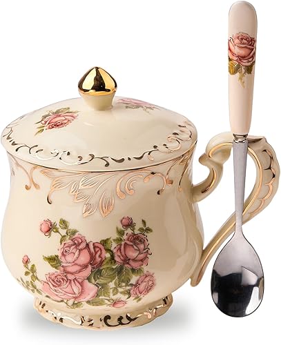 YOLIFE Taza de café de cerámica con tapa y cuchara de 12 onzas, regalo para mujeres entusiastas del té (rosa rosa)