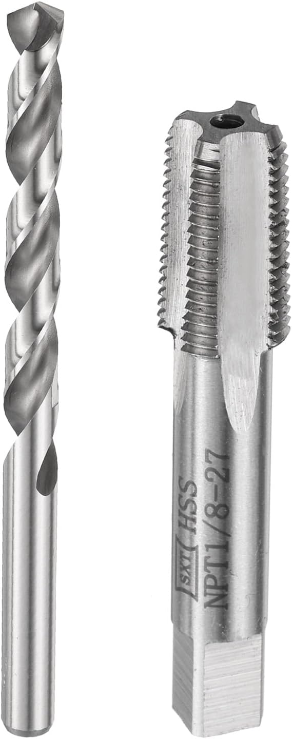 uxcell Tap & Drill Bit Set, 1pcs 1/8-27 NPT Straight Flute Thread Taps and 1pcs 8.3mm Twist Drill Bits, HSS6542 Screw Tapping Threading Tools
