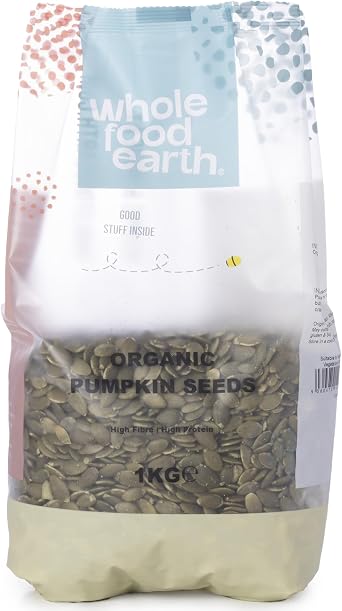 Wholefood Earth Organic Pumpkin Seeds 1kg   Raw Green Kernels for Snacking, Salads, Granola & Baking | High in Protein & Fibre | Unroasted & Unsalted | Vegan