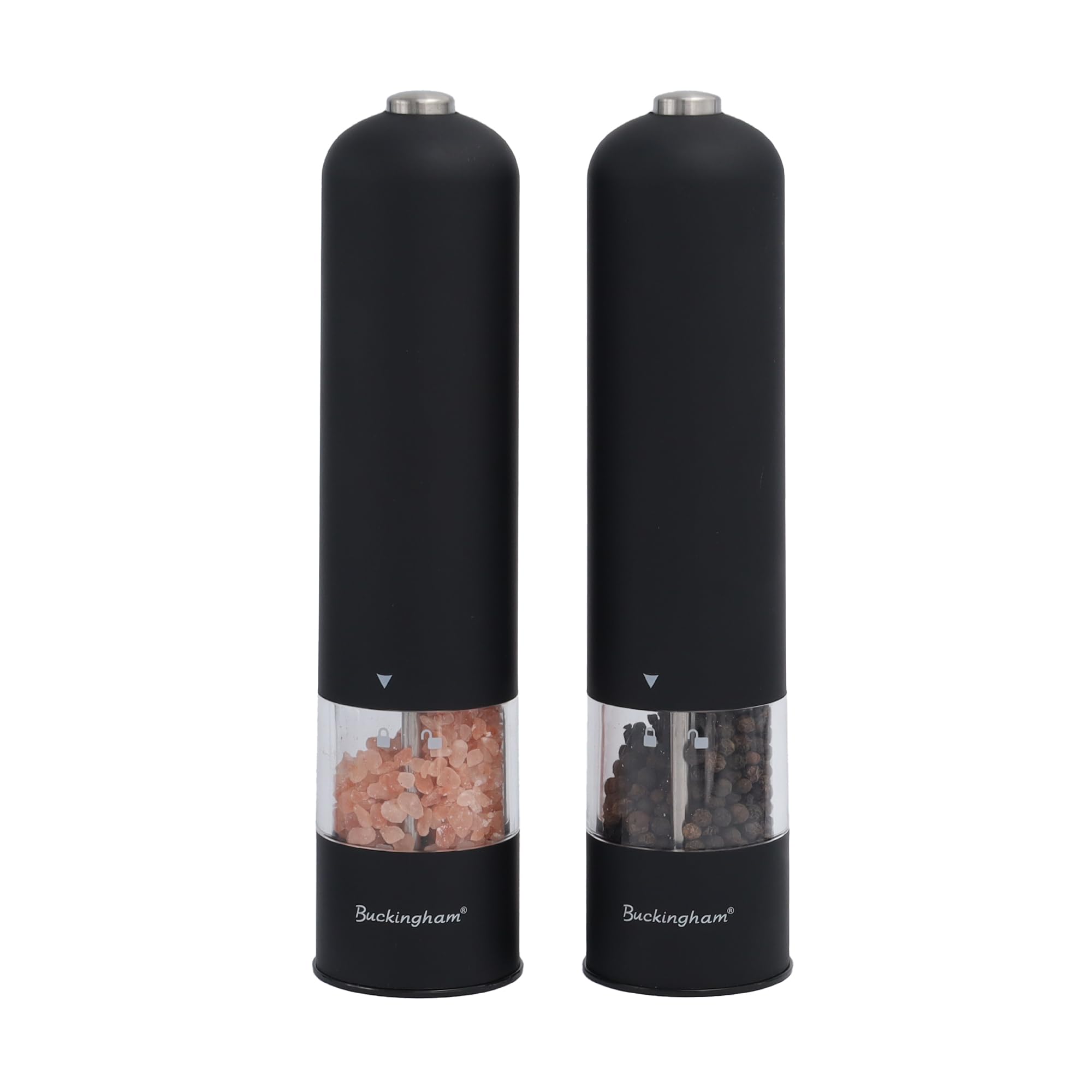 Buckingham Met Black Electric Salt And Pepper Grinder Set Ceramic Grind Soft Touch Push Button Battery Operated Adjustable Spices Grinders Mechanism