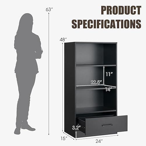Miniatura 2 de Estantería de 3 estantes con cajón, estantes de madera y estanterías, estante de almacenamiento en cubo, estantería pequeña para espacios pequeños,
