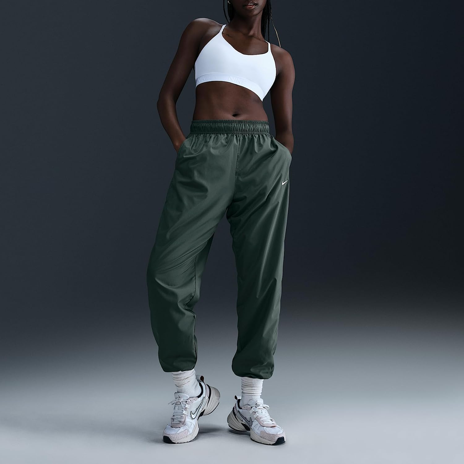 Nike Sportswear Classic Wovens Women's UV Protection Mid-Rise Loose Joggers (Vintage Green/White)