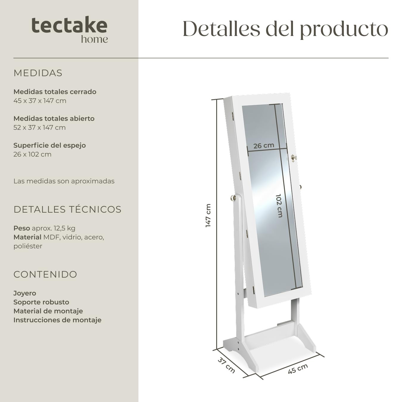 tectake® Espejo Cuerpo Entero con Joyeros Mujer Organizador, Joyero Niña, Espejo Maquillaje de Pie Ajustable con Cerradura, Revestimiento de Terciopelo. - 45 x 37 x 147 cm Blanco