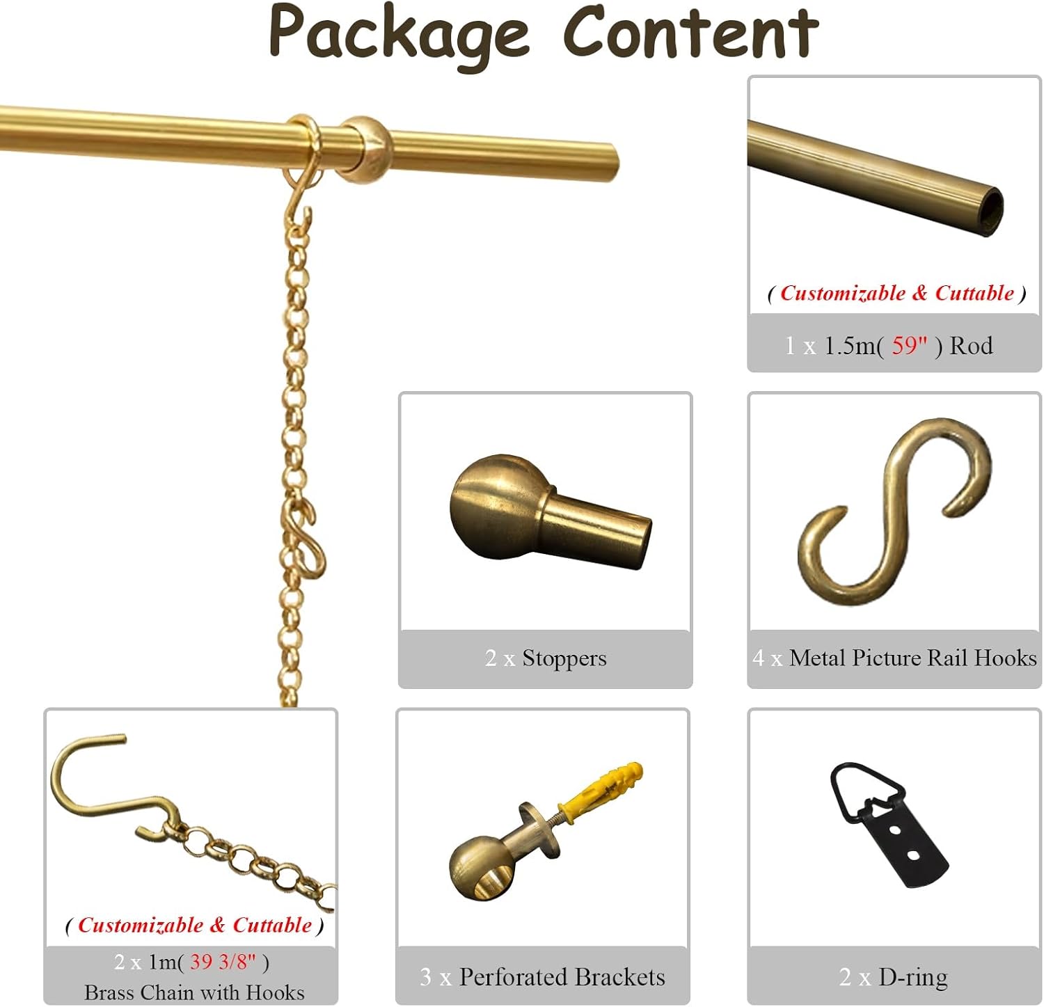 Multi-Purpose Picture Rail Hanging System - Adjustable Hooks, Extra Long 59.1in Brass Rod with Gold Chains & Stoppers for Art, Photos & Flowers Display