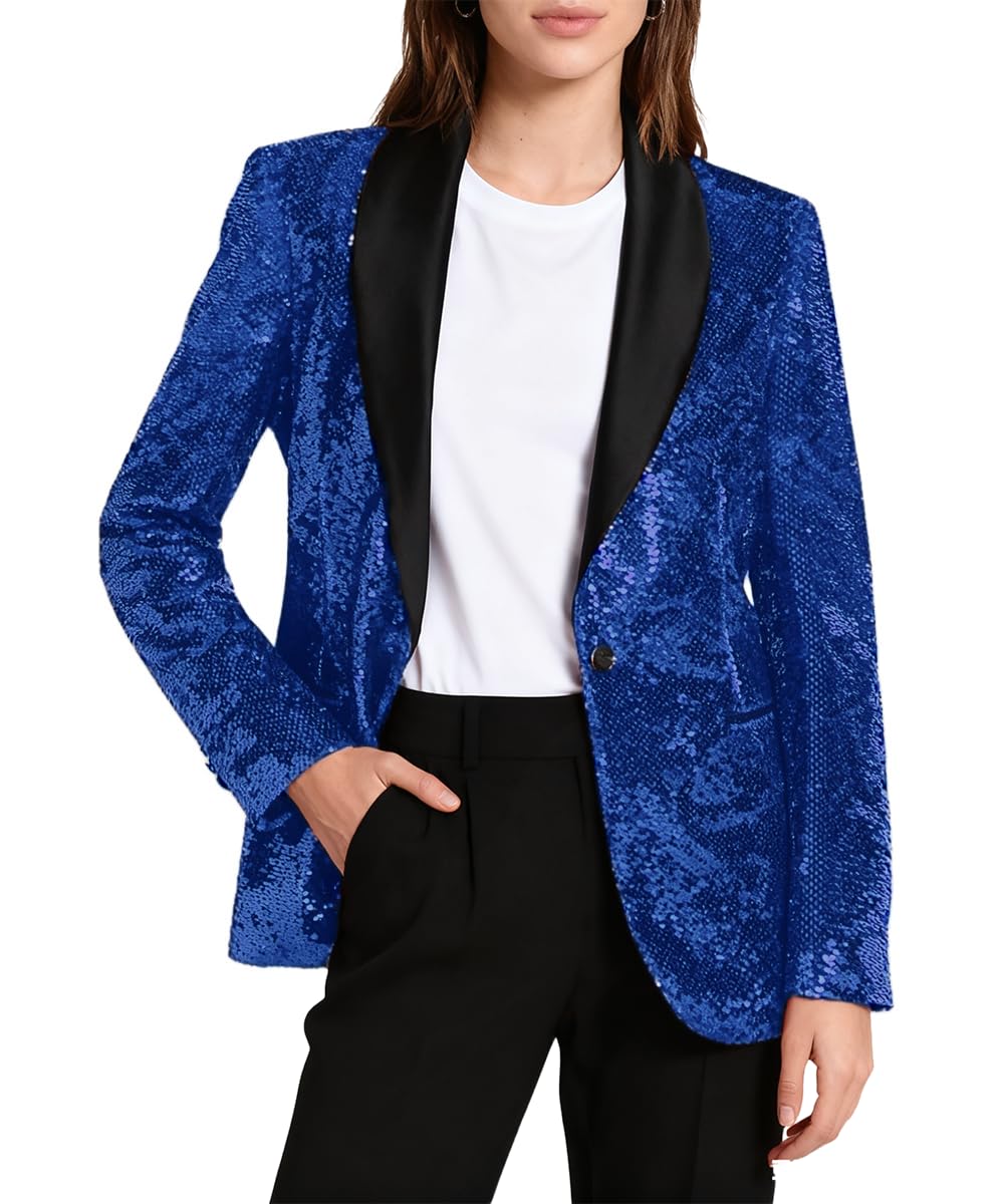 Womens Sequin Suit Jacket One Button Long Sleeve Xmas Blazers for Women Party Sparkly Coat with Pockets