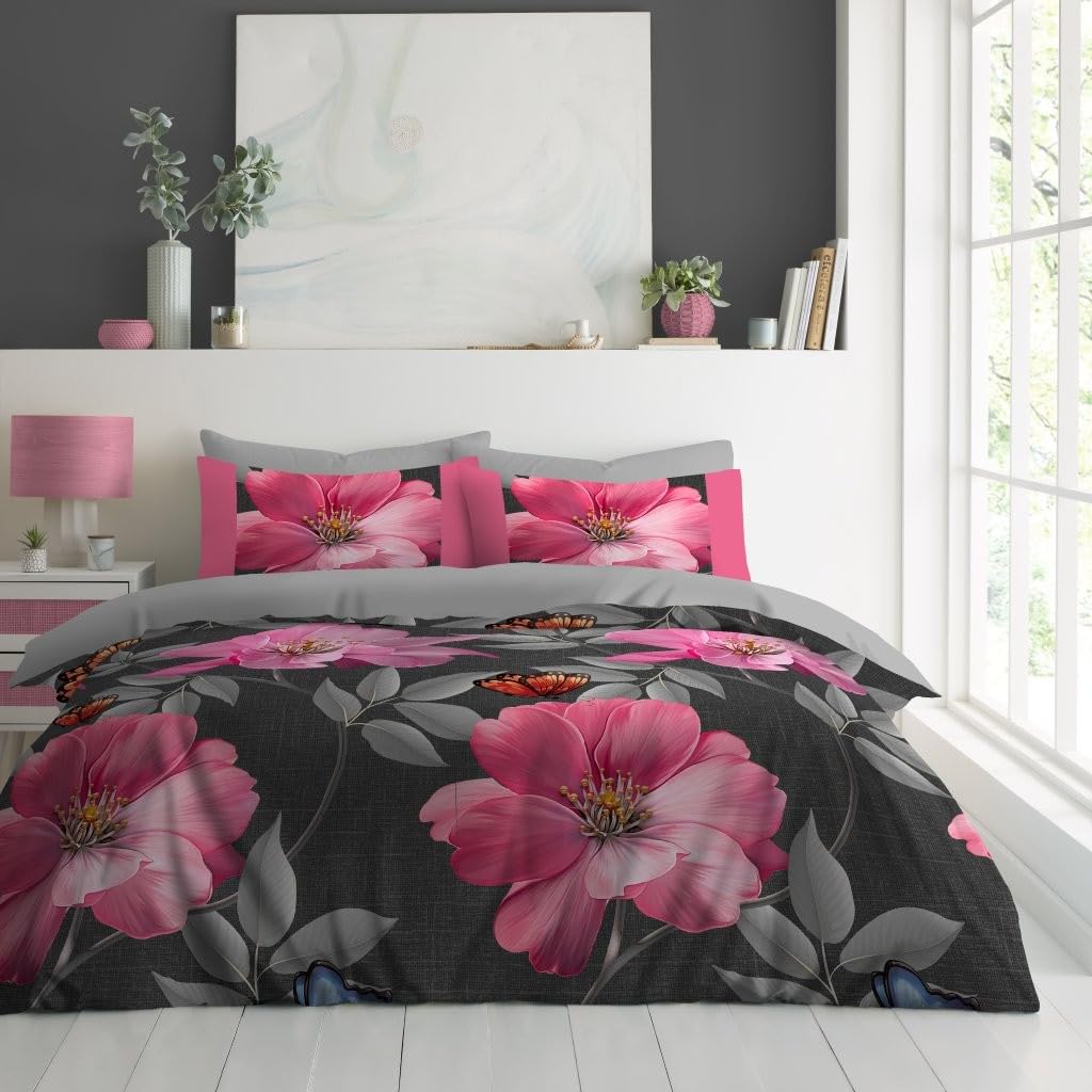 Lions Charcoal Floral Bedding Set - Microfibre Soft Printed King Size Duvet Cover With Matching Pillowcase - 100% Polyester Reversible Flowers Print Quilt Covers, 230X220cm