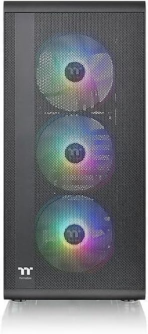 Front view of Thermaltake S200 Plus TG ARGB chassis with mesh panel and three ARGB fans visible