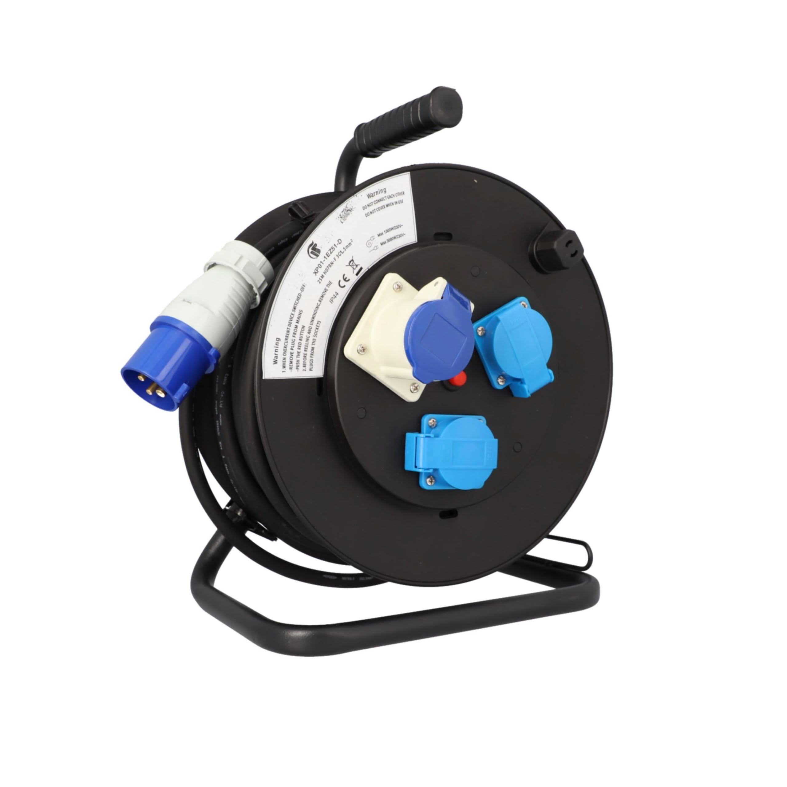 cartrend Explorer CEE Kabeltrommel mit CEE-Stecker, 2 Schutzkontaktsteckdosen & CEE-Steckdose mit Klappdeckel, Verlängerungsleitung für Nutzung beim Camping und Outdoorbereich, IP44, 25m, schwarz