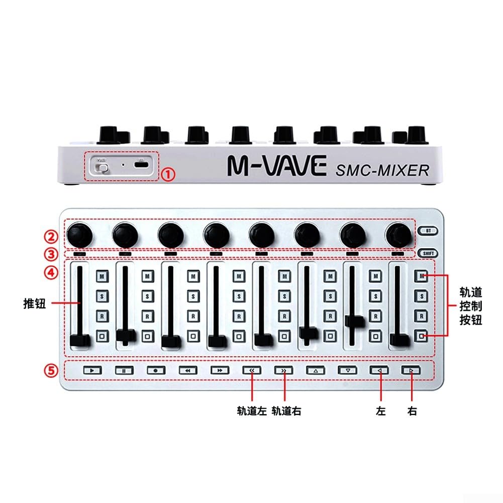 Controlador mezclador MIDI inalámbrico, conexión BT, diseño portátil, alimentado por USB y batería, amplia compatibilidad de 10.1 x 4.7 x 0.9 pulgadas
