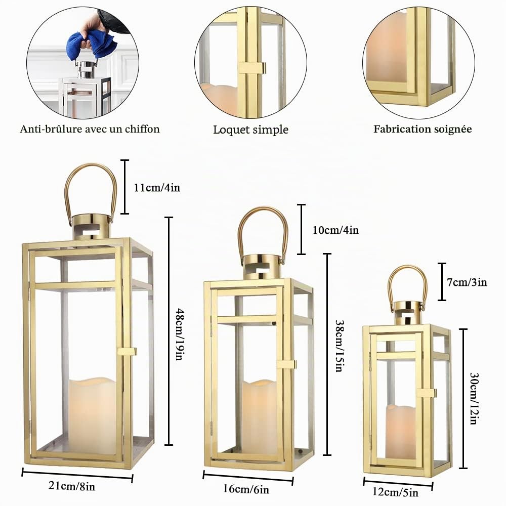 TRIROCKS Set de 3 Lanternes en Acier Inoxydable 48/38/30 cm Haut, Porte-Bougie avec Verre Clair, Parfait pour Décor Maison, Salon, Soirées (Or)