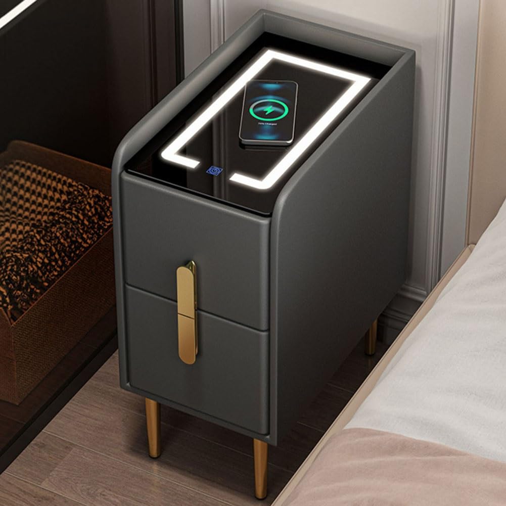 ASerZenith End Side Table With Led Lights, Smart Nightstand With Charging Station, Bedside Tables,B-25X40X50Cm
