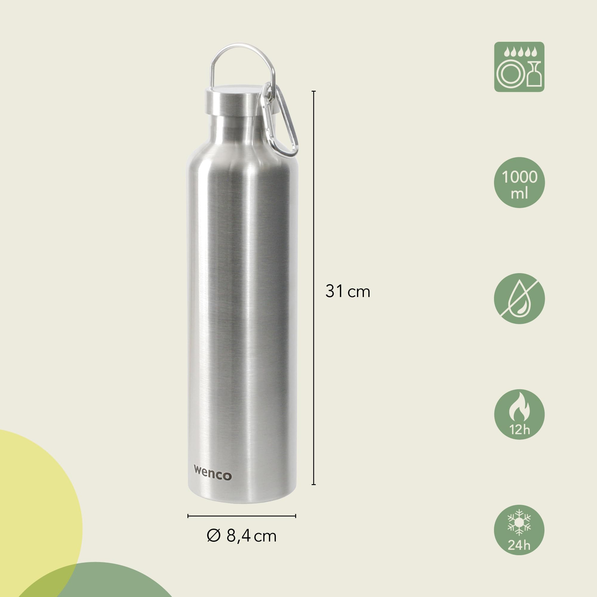 wenco Butelka do picia ze stali nierdzewnej, 1 l/1000 ml, izolowana i zabezpieczona przed wyciekiem, do zimnych i gorących napojów, może być również używana jako termos – z sitkiem do herbaty – nadaje