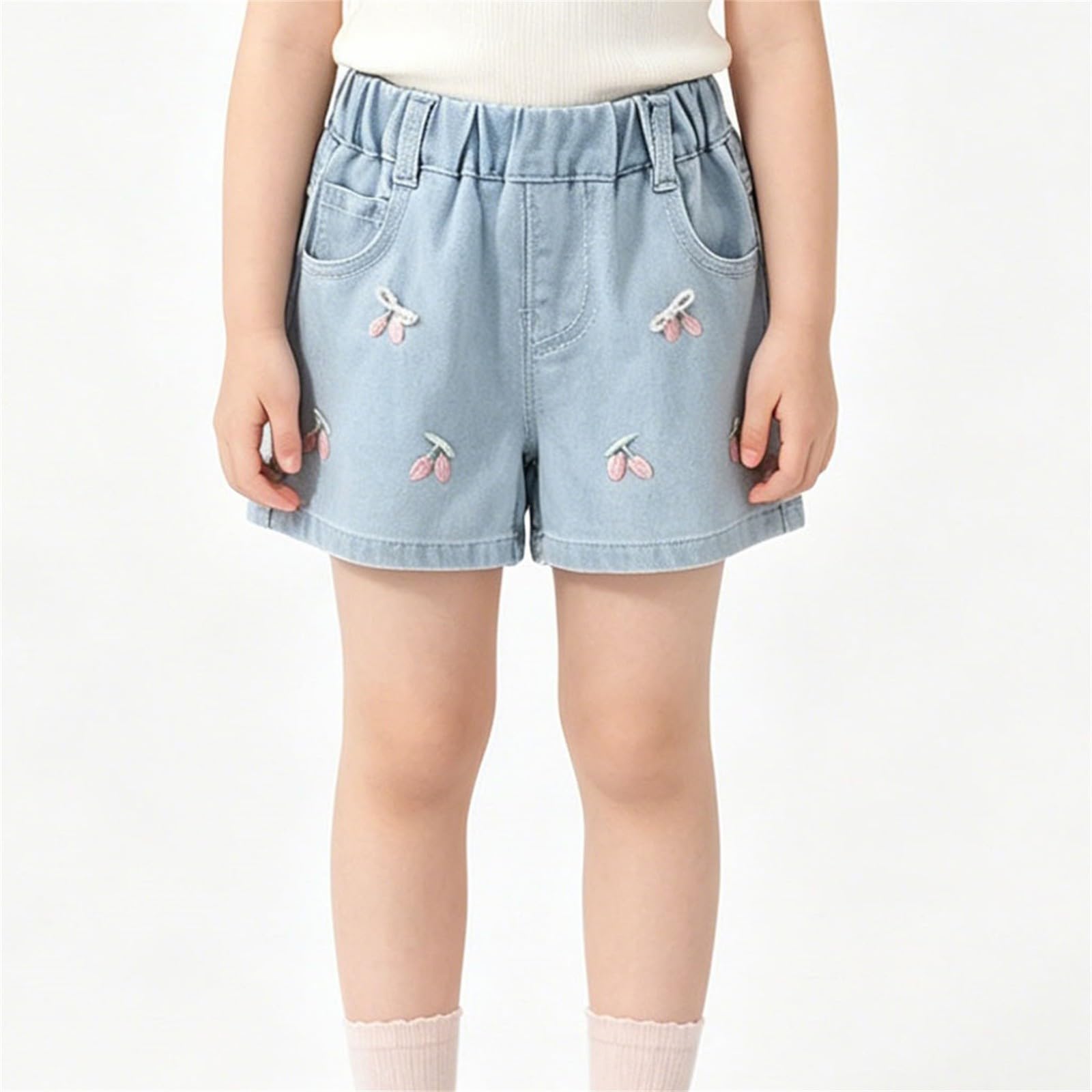 Pantalones cortos de mezclilla bordados para niñas, cintura alta, pierna ancha, pantalones cortos casuales de moda holgados de pierna recta con bolsillos para adolescentes, niñas, verano, playa