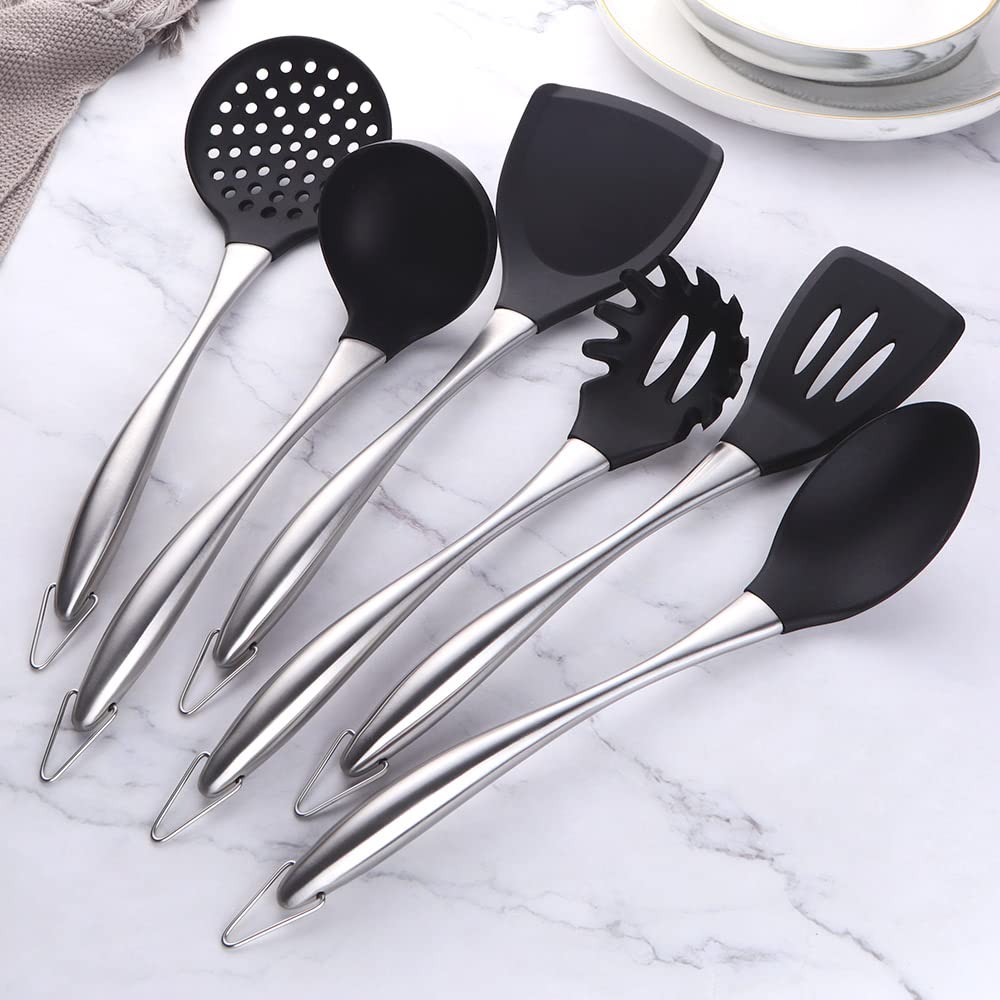 Silikon-Küchenhelfer-Set, 6-teilig, Kochutensilien mit hitzebeständigem Pfannenwender, Antihaft-Kochgeschirr, Stahlgriff, silberfarben
