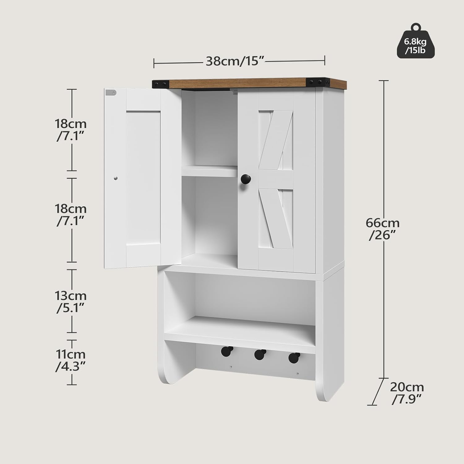 MAHANCRIS Bathroom Wall Cabinet, Farmhouse Medicine Cabinet with Adjustable Shelf, 3-Tier Wall-Mounted Storage Cabinet with 3 Hooks and Open Shelf, for Bathroom, Living Room, Kitchen, White and Walnut