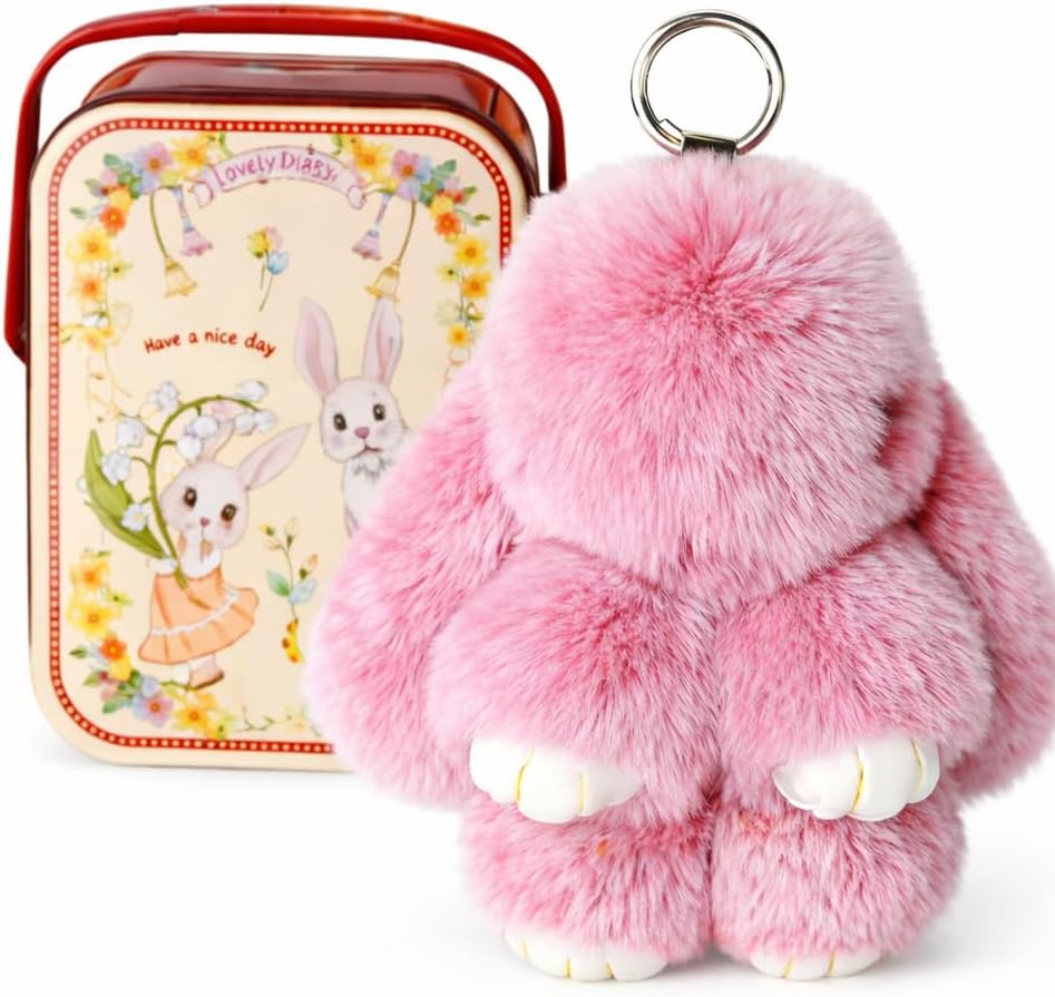 Pink Bunny Easter Keychain with Tin Box, Bunny Keychain with Tin, Handmade Soft Keychain, BunnyCute Plush Keychain