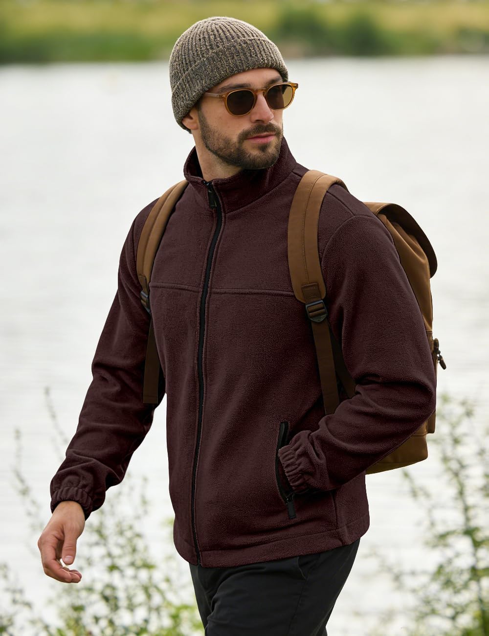 Mens Polar Fleece Jacket Full Zip Lightweight Casual Outdoor Jackets Stand Collar Warm Coats with Pockets - Image 4