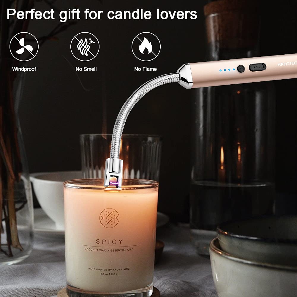 Encendedor de vela eléctrico de arco sin llama, recargable, USB, encendedores largos para cocinar velas, barbacoas, fuegos artificiales, color dorado 3