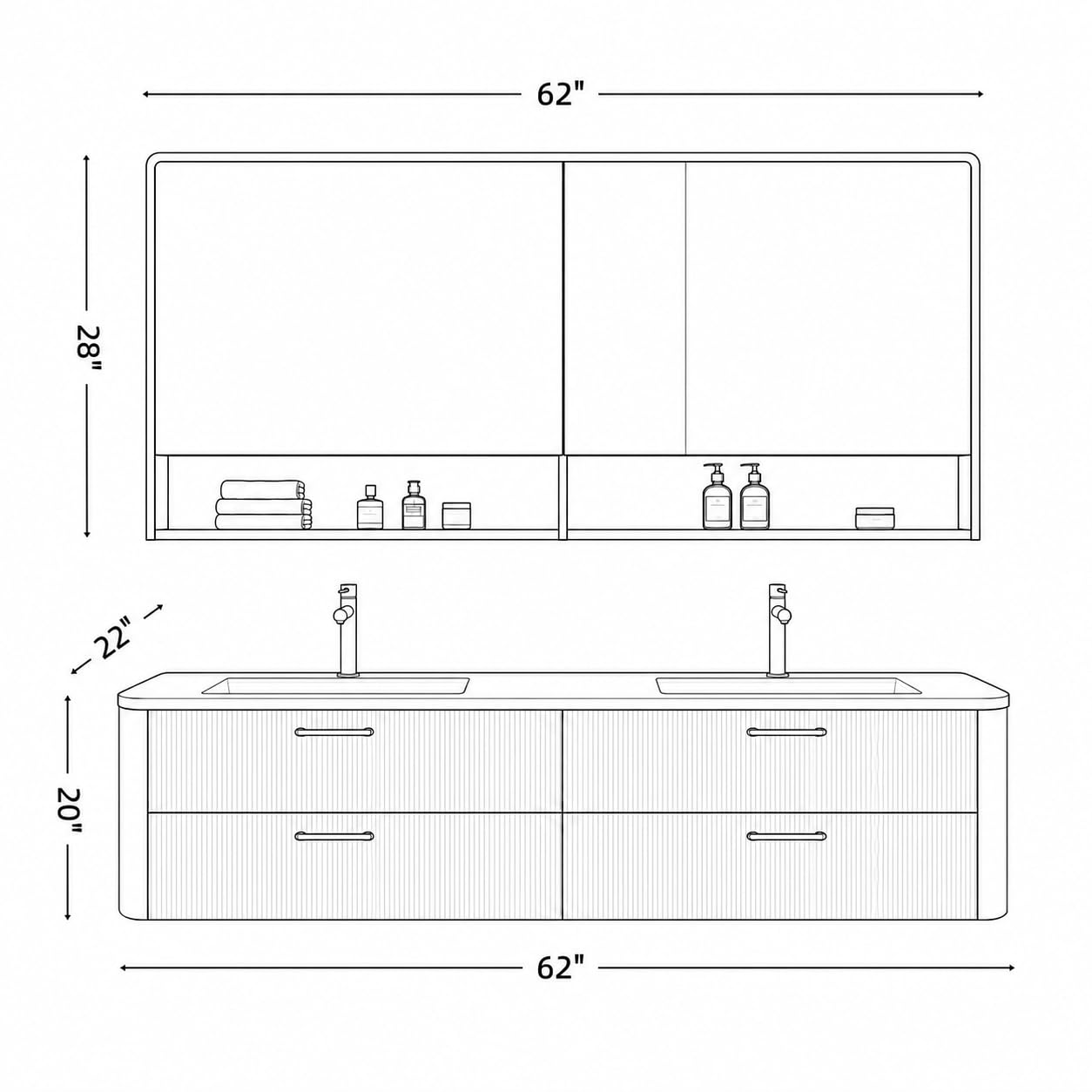 Meuble de salle de bain flottant à double évier de 157,5 cm – Design mural moderne avec évier en pierre et miroir LED | Grand espace de rangement | Construction en bois massif pour salles de bains