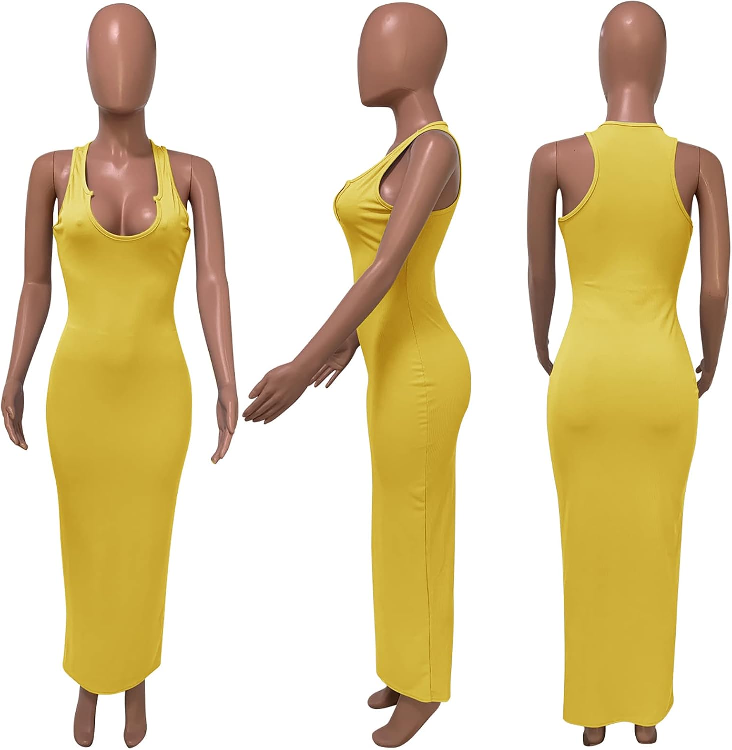 Womens Sexy Sleeveless Causal Scoop Neck Ottoman Ribbed Dress Basic Racerback Bodycon Long Maxi Tank Dress - Image 3