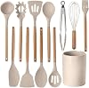 12 Pcs Kitchen Utensil Set, Silicone Cooking Utensils Set with Wooden Handle, Heat Resistant, Nonstick Cookware Tongs Spatula Spoon Set with Storage Bucket for Home, Camping, Dishwasher Safe Khaki