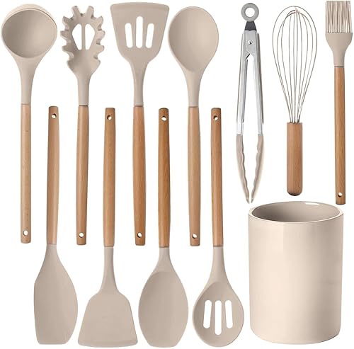 Juego de 12 utensilios de cocina de silicona, con mango de madera, resistentes al calor, antiadherentes, espátula, cuchara y cubo de almacenamiento