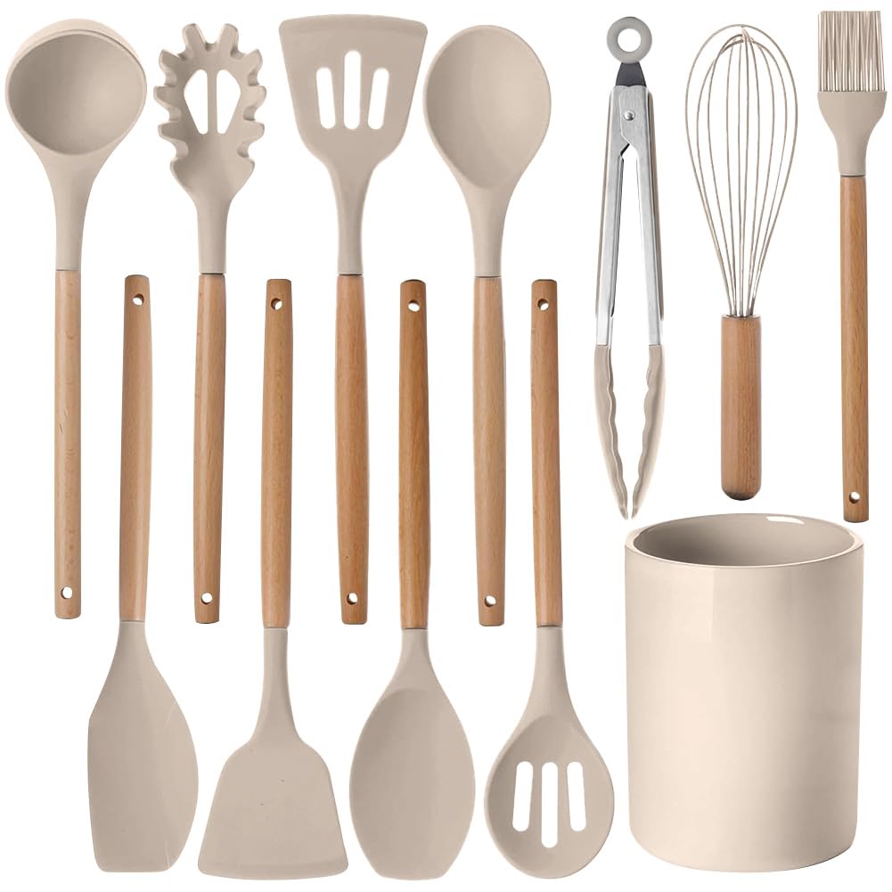 12 Pcs Kitchen Utensil Set, Silicone Cooking Utensils Set including Wooden Handle, Heat Resistant