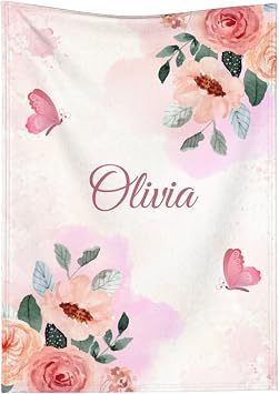 Personalized Baby Blanket with Name Custom Baby Throw Customized Name Receiving Swaddle for Kids Girls Boys Infant Newborn Toddler 09-Peach Flowers Butterfly
