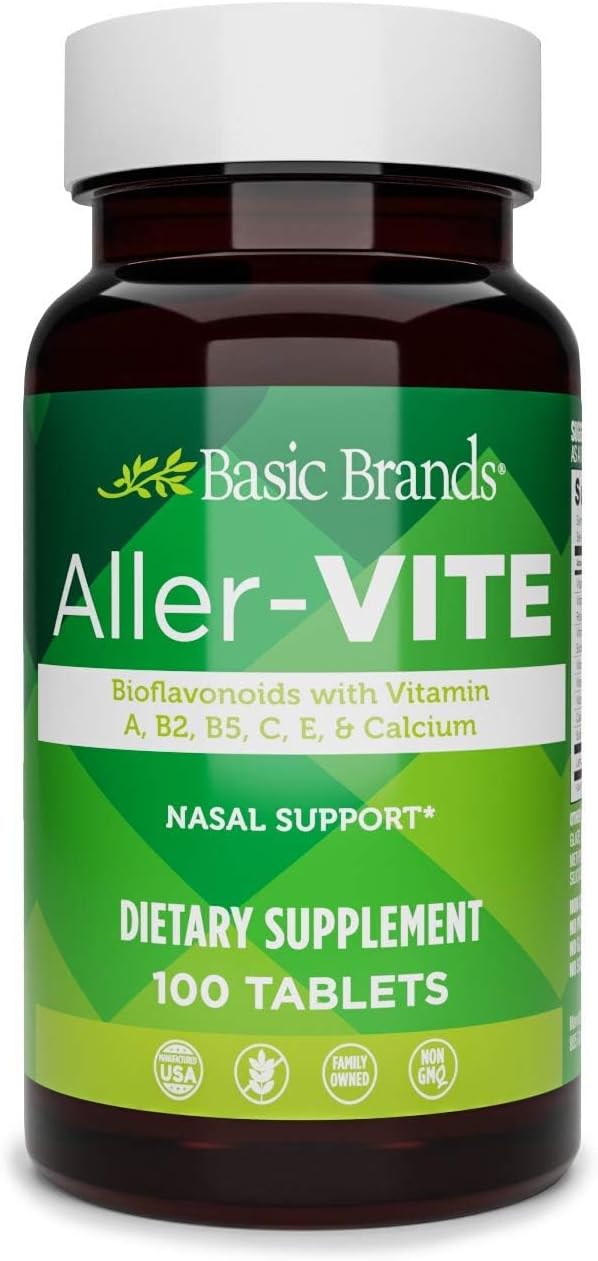 Basic Brands Aller Vite Nasal Support Tablets for Seasonal Allergy Relief, High Bioflavonoid Complex with Vitamins and Calcium, Gluten Free Daily Supplement, 100 Tablets