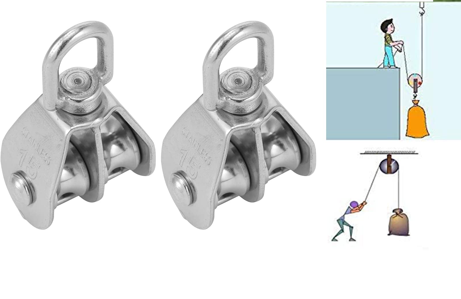 2PCS M15 Double Pulley Block, Dual Pulley Block Wheel Stainless Steel Pulley Roller, Heavy Duty Swivel Pulley Block Wire Rope Crane Hanging Wire Towing Wheel for Lifting, Cable Loading 35kg