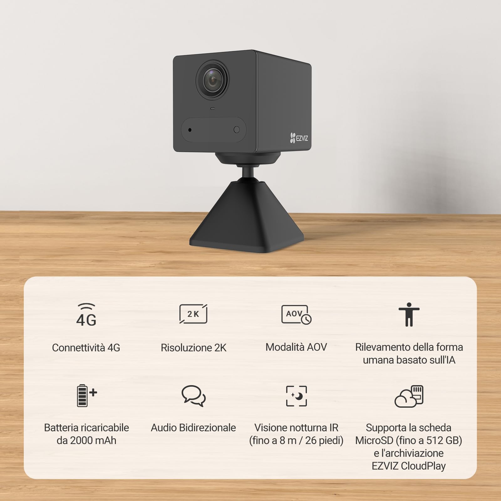 EZVIZ 4G LTE 2K Telecamera da Interno a Batteria, Audio Bidirezionale, Rilevamento di Persone, Registrazione Time-Lapse, Modalità AOV, 100% Senza Fili, 512GB SD(Non Inclusa), CB2 Nera