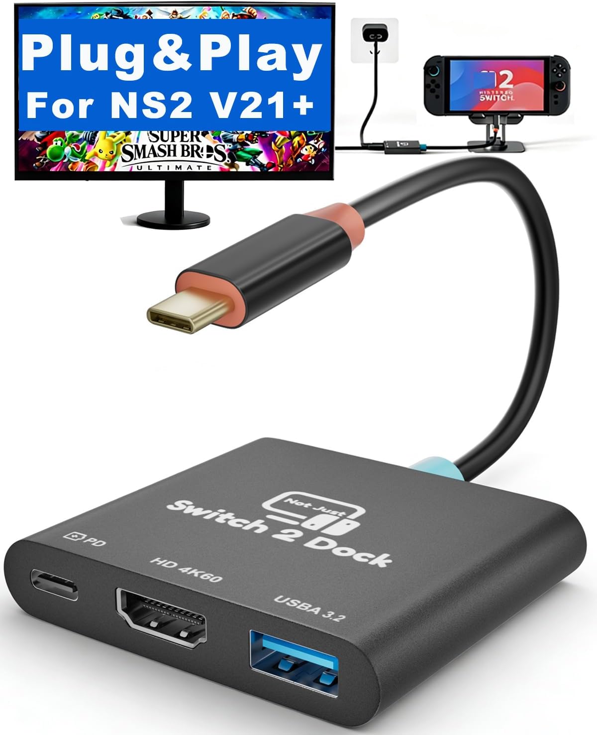 Switch 2 Dock for Nintendo Switch 2,Plug&Play for V21, Portable TV Dock Station for NS2,steam Deck USB C Hub Charger Laptop Docking with USB A /4K HDMI/PD (3in1 Swich 2 Dock 02)