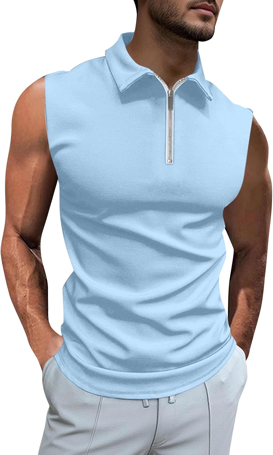 Ymosrh Men's Casual Summer Polo Shirts Sleeveless Quarter Zip Business Casual Work Dress Collar Shirts, M-3XL