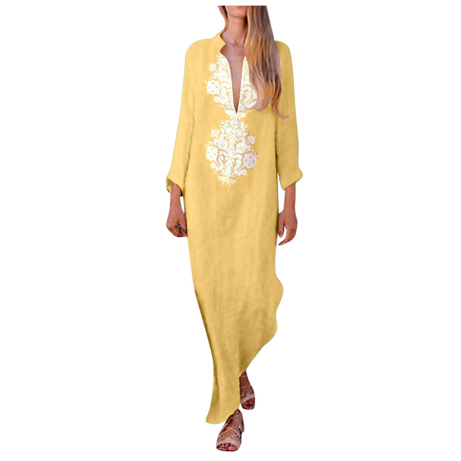 Generico Robe longue d'été pour femme avec col en V, manches longues, ligne droite, coton et lin, confortable, robe avec impression, élégante, grande taille, décontractée, pour l'extérieur