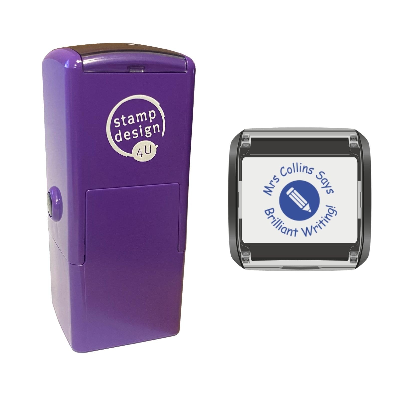 4933 25mm Round - School Education Teacher Personalised Custom Made Self-Inking Rubber Stamp *with Your Name and Two Lines of Text with a Pencil Image (Drawing/Art) Design in Blue Ink* — image 1