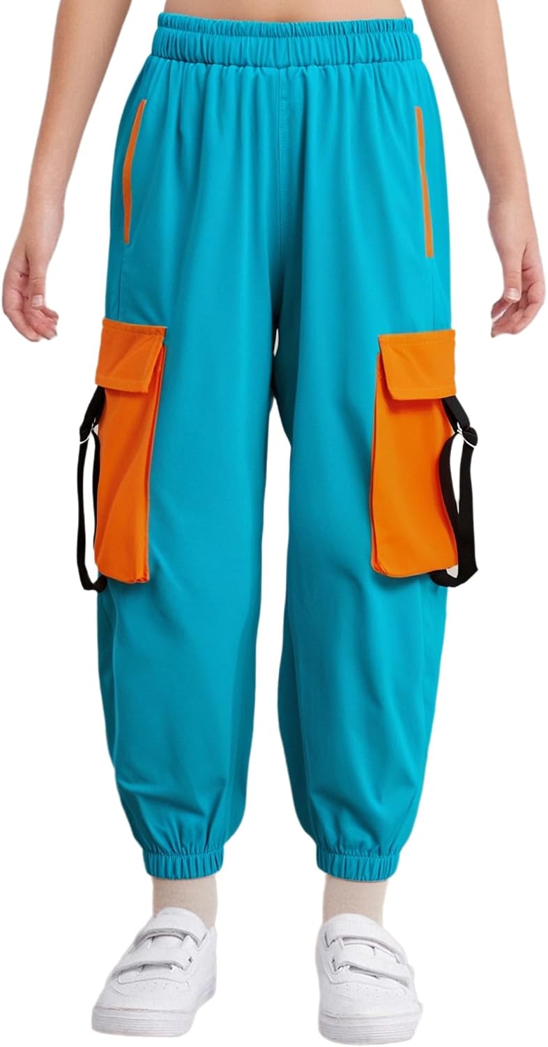 Kids Girls Cargo Jogger Pants Hip Hop Jazz Dance Trousers Color Block Skateboarding Sweatpants Hiking Bottoms