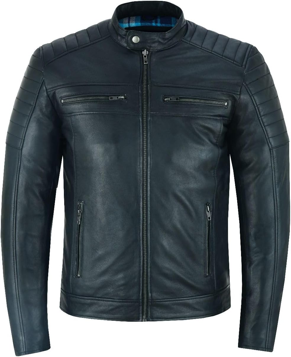 Men’s Genuine Lambskin Leather Biker Jacket – Vintage Motorcycle Coat with Quilted Shoulders & Zipper Cuffs