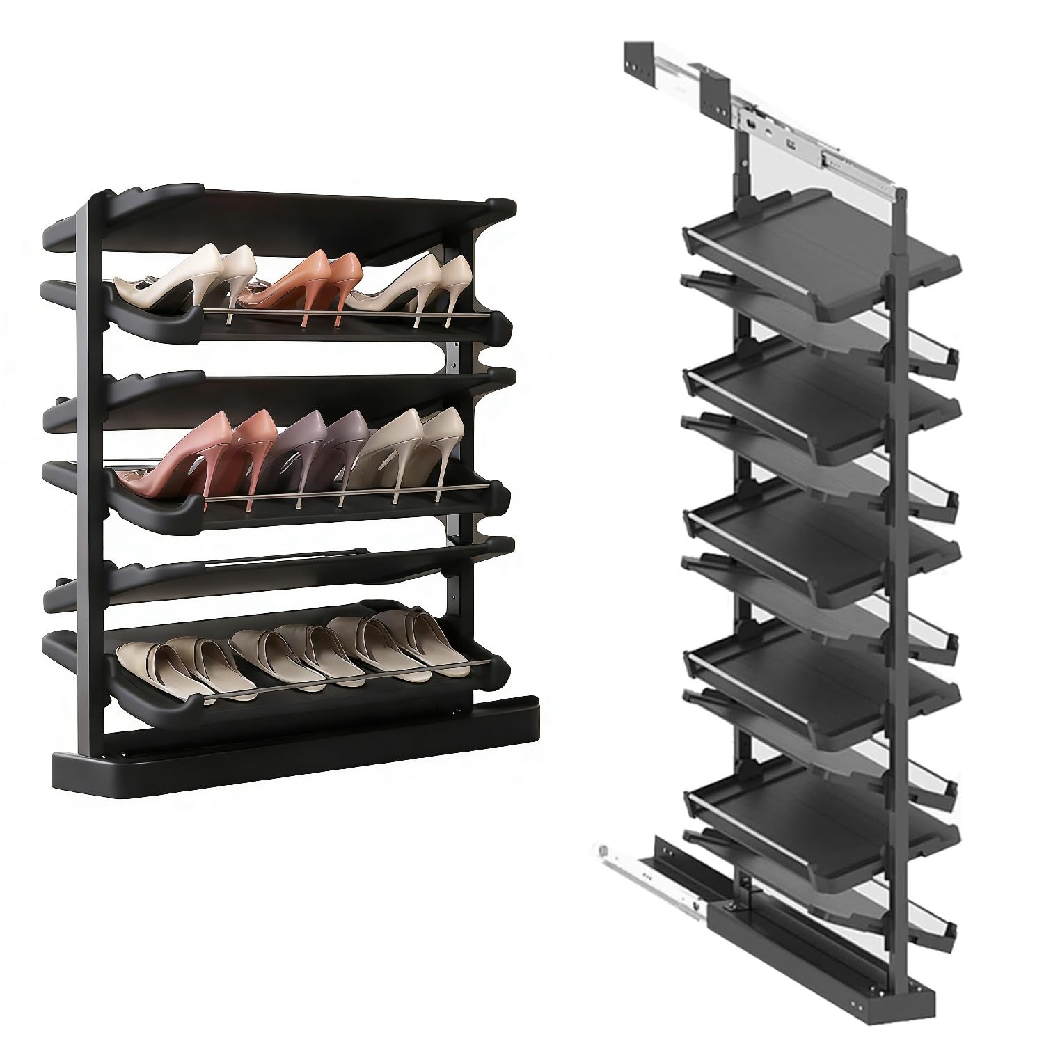 Pull-Out Shoe Rack Organizer, Adjustable Height Retractable Metal Stackable Shoe Rack, Retractable Design, Vertical Storage, Maximize Space Utilization Perfect for Bedroom and Entryway