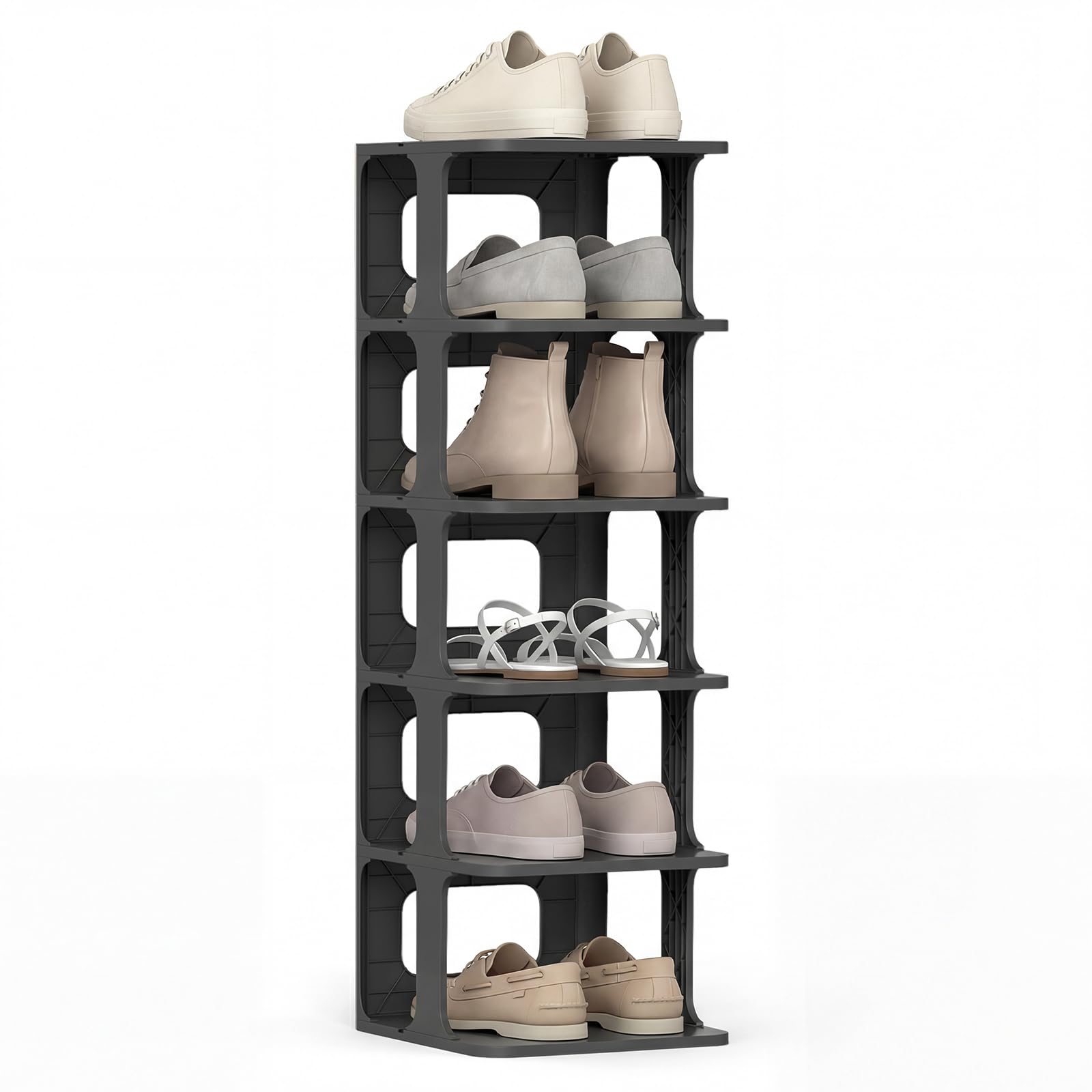 COSTWAY 6-Tier Stackable Shoe Rack, Freestanding Narrow Plastic Shoe Shelf Storage Stand, Vertical Slim Plastic Shoes Organiser Tower Unit for Hallway, Entryway and Closet, 27.5 x 24.5 x 76cm (Black)
