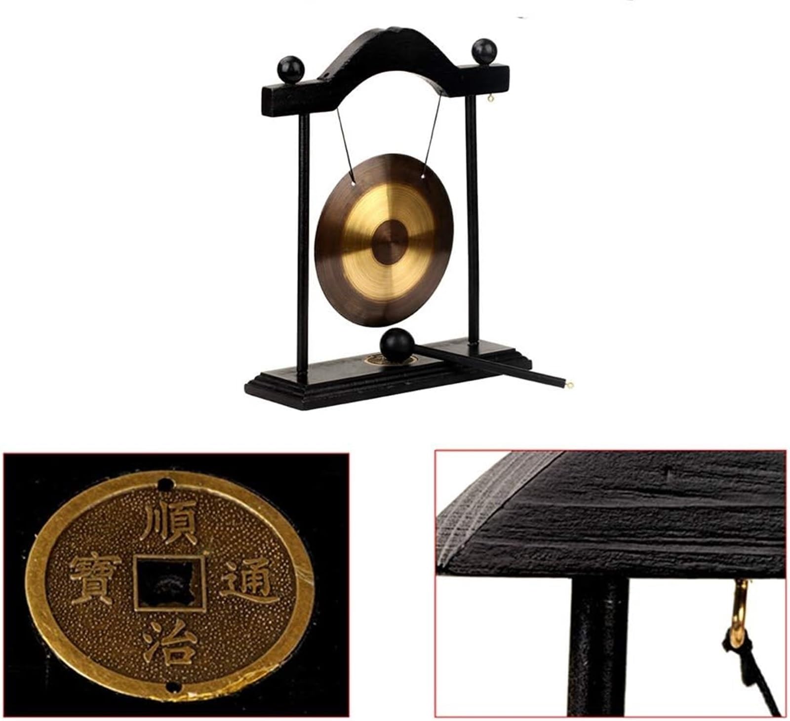 WlP Gong De Mesa Chino Zen Feng Shui Gong De Latón Gong Viento Escritorio Gong Mesa Chino Zen Cobre Gong De Mano Gong Campana Escritorio con Soporte Madera Negro For Decoración del Hogar