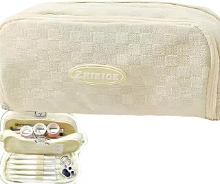 Pencil Case Checkered Big Capacity Multiple Compartments Large Pencil Pouch Pen Bag Box Holder Organizer Storage Aesthetic Stationery Cosmetic for Adults Women Checkered Makeup Bag (White)