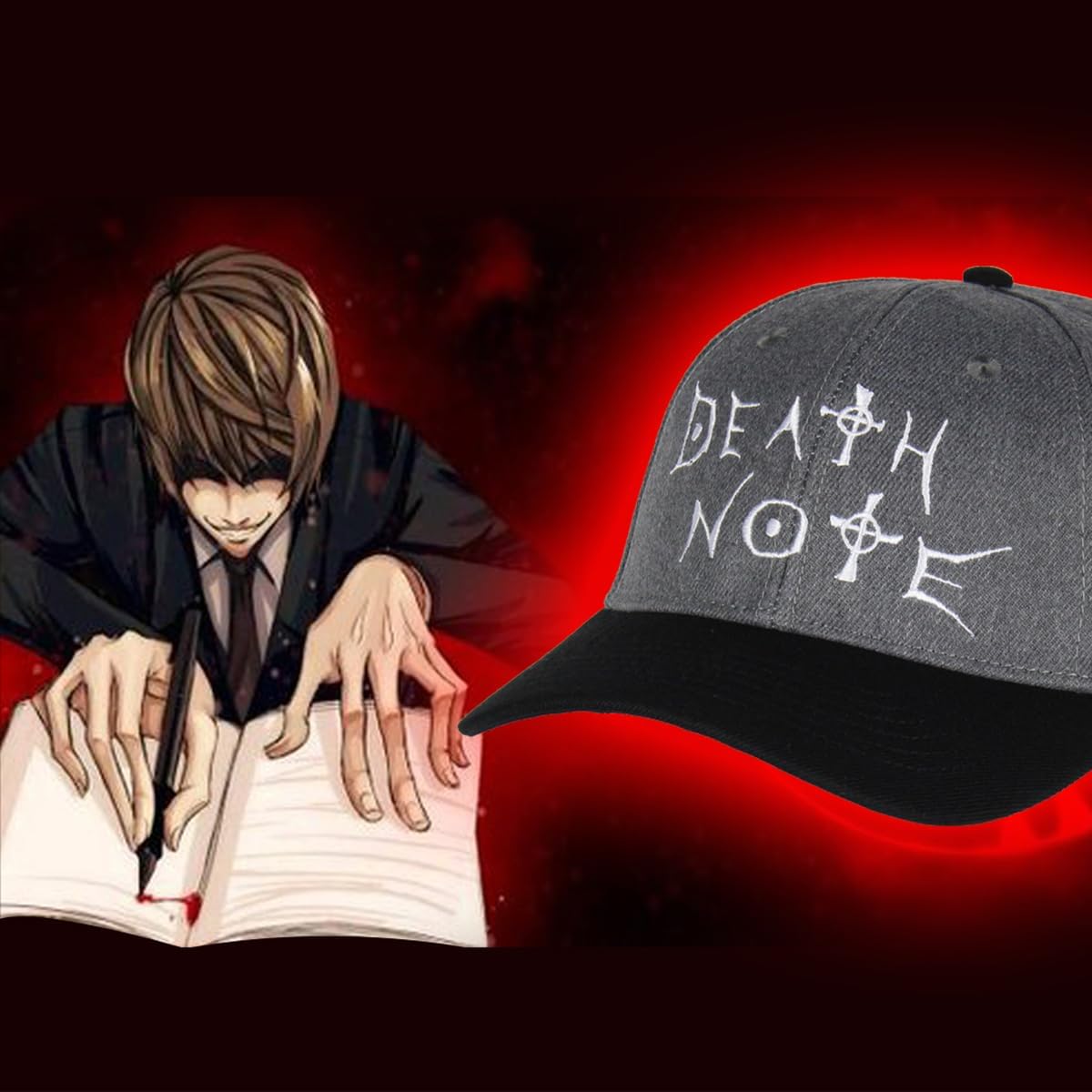 Bioworld Death Note Anime Manga Embroidered Logo Design Adult OSFM Precurved Snapback Hat for Men and Women - Image 5