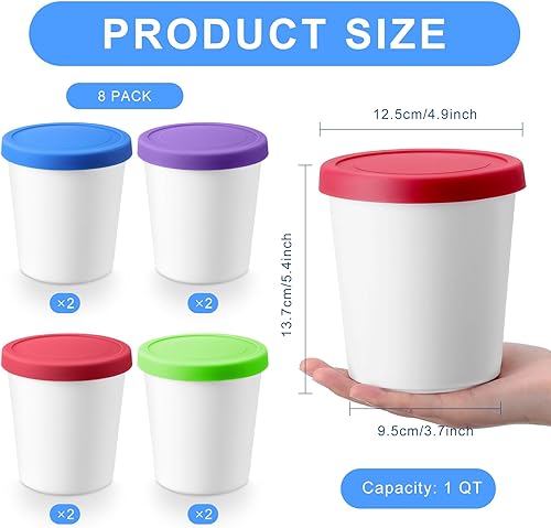 Miniatura 2 de Uiifan 8 recipientes de helado de 1 cuarto de galón para helados caseros reutilizables con tapas de silicona para congelador, recipientes para