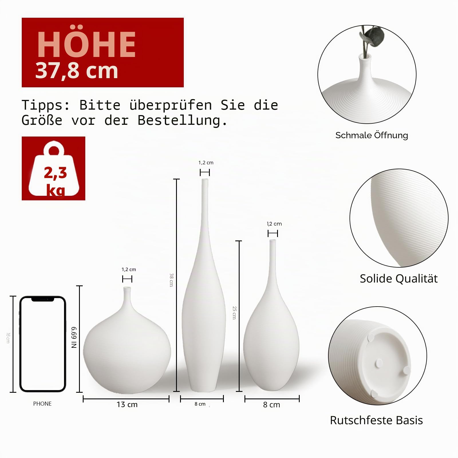 Relexome Weiße Keramik Vasen 3er-Set, Moderne Skandinavische Deko Vasen, Wabi-Sabi Blumenvasen, Boho Home Decor für Pampasgras & Trockenblumen, Matt Minimalistisch für Wohnzimmer, Tisch, Regal