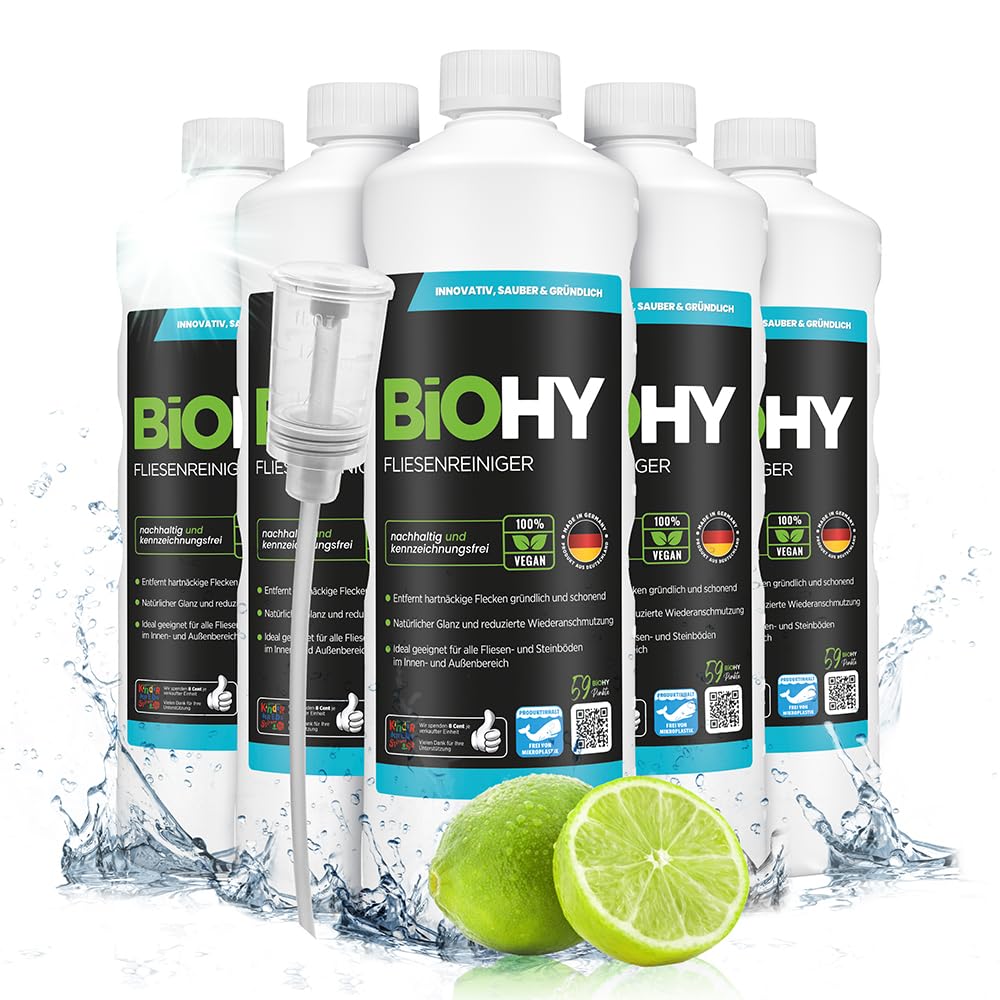 BiOHY Limpiador de azulejos (6 botellas de 1 litro) + Dosificador | especialmente desarrollado para suelos de piedra y baldosas, deja una capa de brillo repelente a la suciedad (Fliesenreiniger)