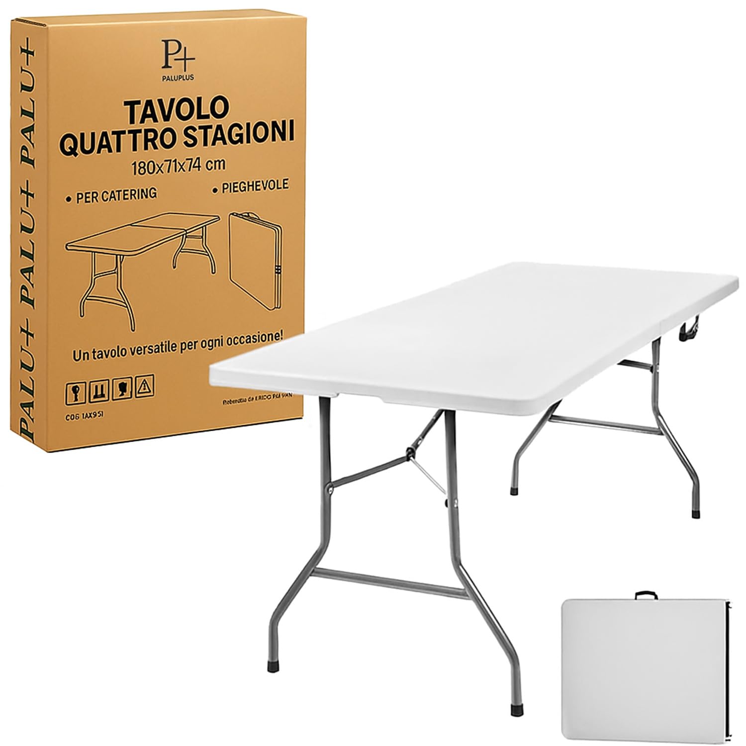 PALUPLUS Tavolo Pieghevole Rettangolare da Catering, Misura 180x71x74 cm, colore Bianco, Tavolo a Valigetta in Resina e Metallo, con maniglia, ideale per giardino, fiera, pic nic, campeggio -344F