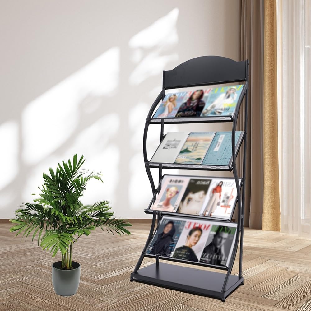Zeitschriftenständer Schwarz/Weiß 4-lagiges Zeitschriftenregal, Präsentationsständer, Bücherregal, Ständer, unteres Regal for Empfangsbereiche, Wartezimmer, Schulen Zeitungsständer(Schwarz)
