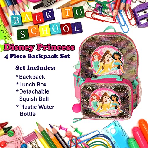 Disney Princess 4 Piece Backpack Set, Flip Sequin 16" School Bag for Girls with Front Zip Pocket, Pink2